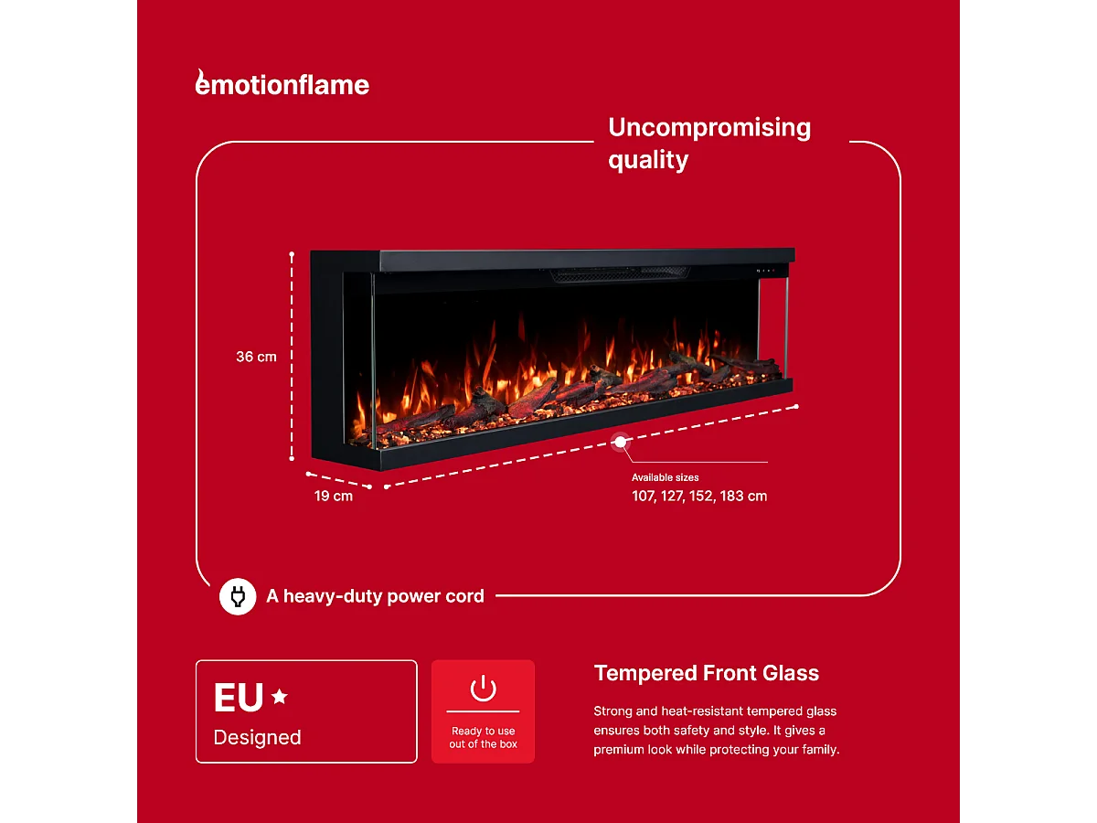 Cheminée électrique à 3 côtés UNITY 107 - feu premium, murale ou encastrable - 107x19x36 cm - cheminée LED - chauffage 900/1800 W