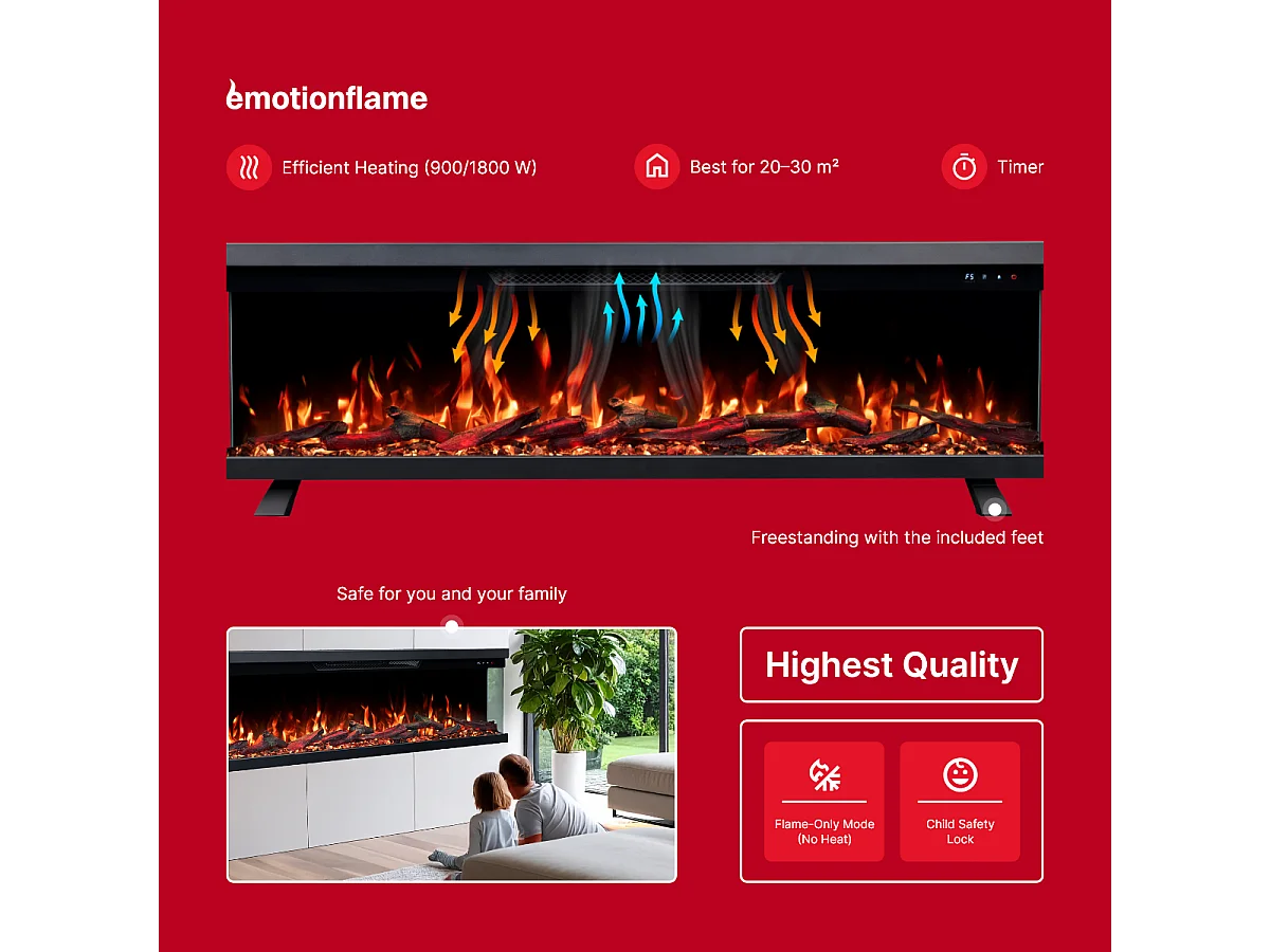 Cheminée électrique à 3 côtés UNITY 107 - feu premium, murale ou encastrable - 107x19x36 cm - cheminée LED - chauffage 900/1800 W