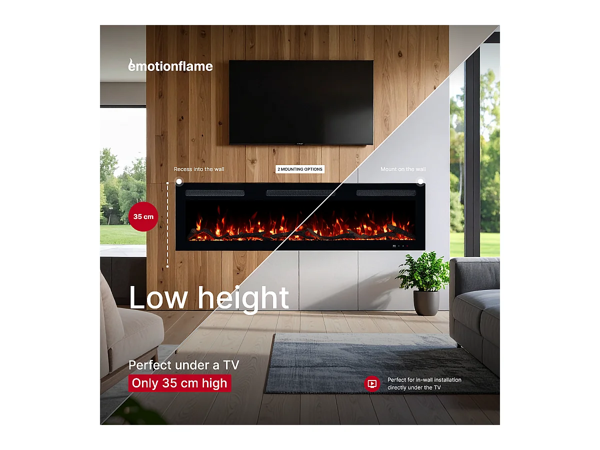 Elektrische haard MONARCH 152 - premium vlam - voor wand en inbouw - 152x13x35 cm - LED-haard met verwarming 900/1800 W