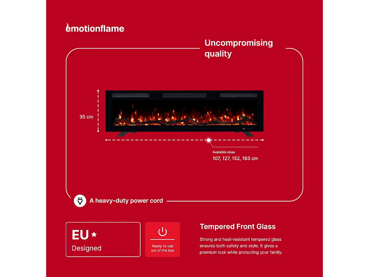 Camino elettrico MONARCH 152 - fuoco premium - a parete e incassato - 152x13x35 cm - camino LED decorativo con riscaldamento 900/1800 W