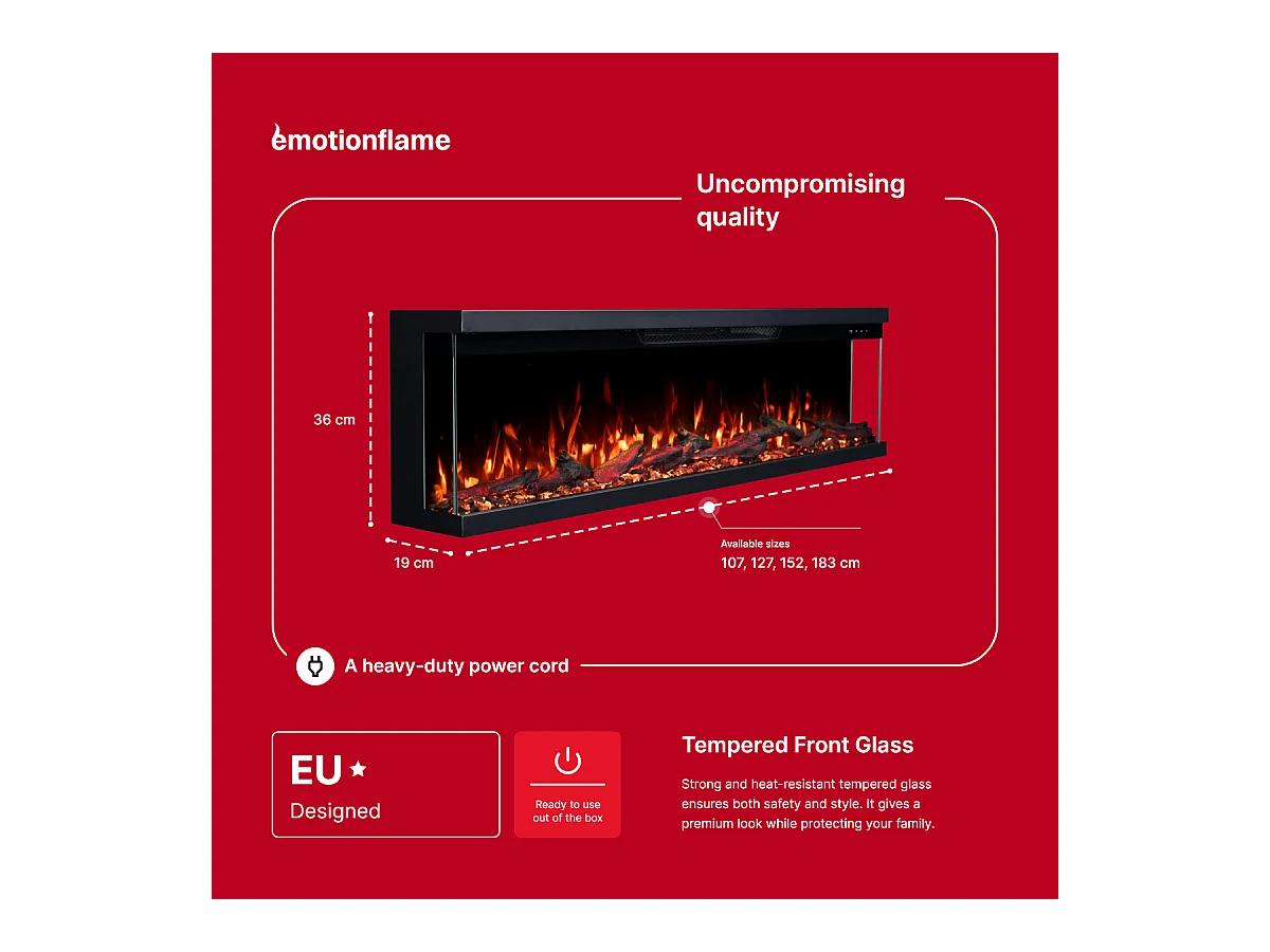 Driezijdige elektrische haard UNITY 152 - premium vlam - voor wand en inbouw - 152x19x36 cm - LED-haard met verwarming 900/1800 W