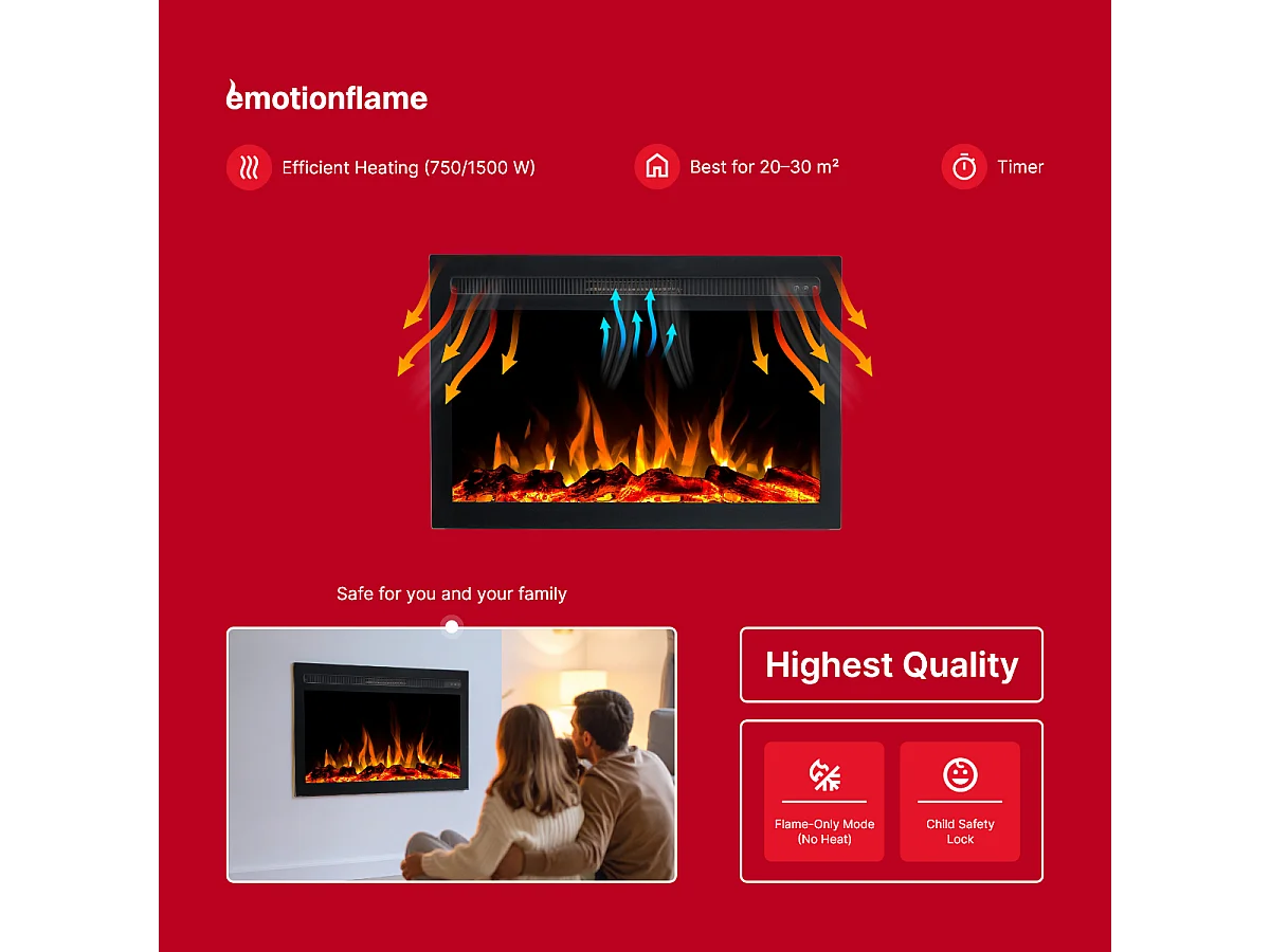 Wkład elektryczny INFINITY do kominka elektrycznego - ogień premium - do zabudowy - 76x14x50 cm - kominek LED z grzaniem 750/1500 W