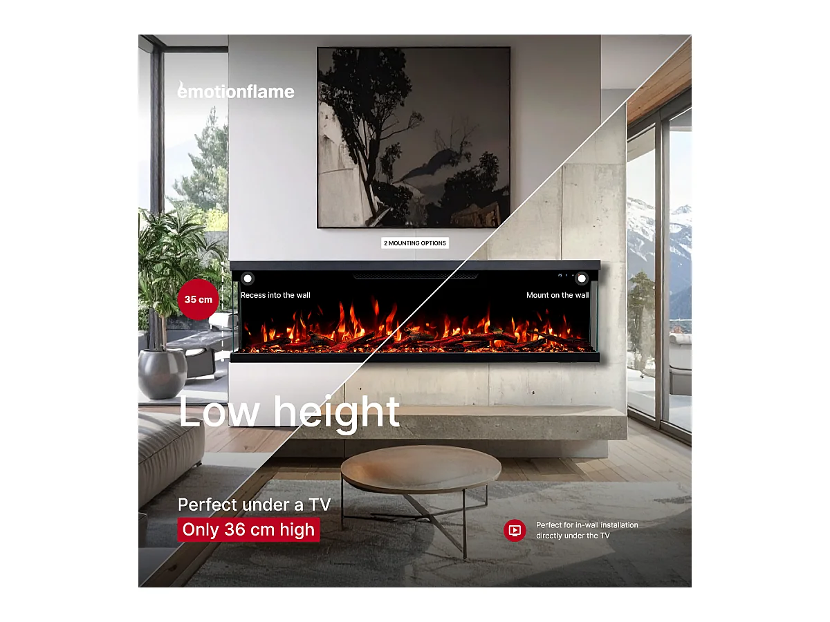 Driezijdige elektrische haard UNITY 183 - premium vlam - voor wand en inbouw - 183x19x36 cm - LED-haard met verwarming 900/1800 W