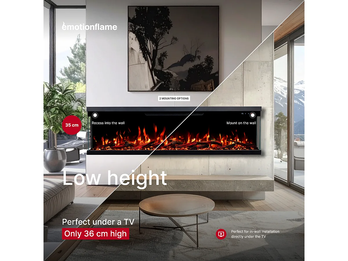 Cheminée électrique à 3 côtés UNITY 183 - feu premium, murale ou encastrable - 183x19x36 cm - cheminée LED - chauffage 900/1800 W