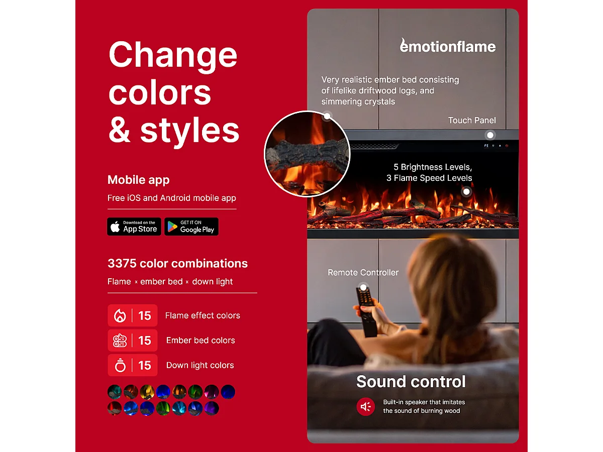 Cheminée électrique à 3 côtés UNITY 183 - feu premium, murale ou encastrable - 183x19x36 cm - cheminée LED - chauffage 900/1800 W