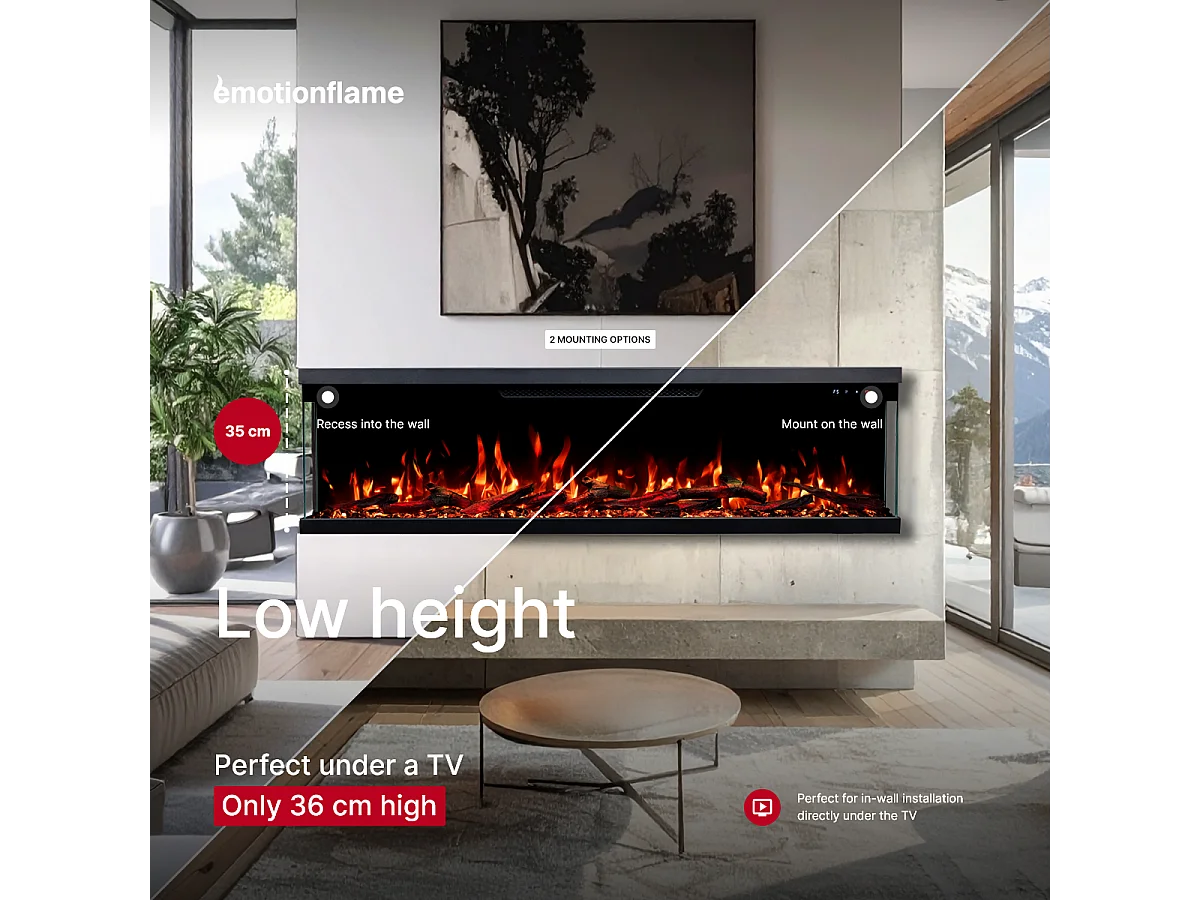 Cheminée électrique à 3 côtés UNITY 183 - feu premium, murale ou encastrable - 183x19x36 cm - cheminée LED - chauffage 900/1800 W