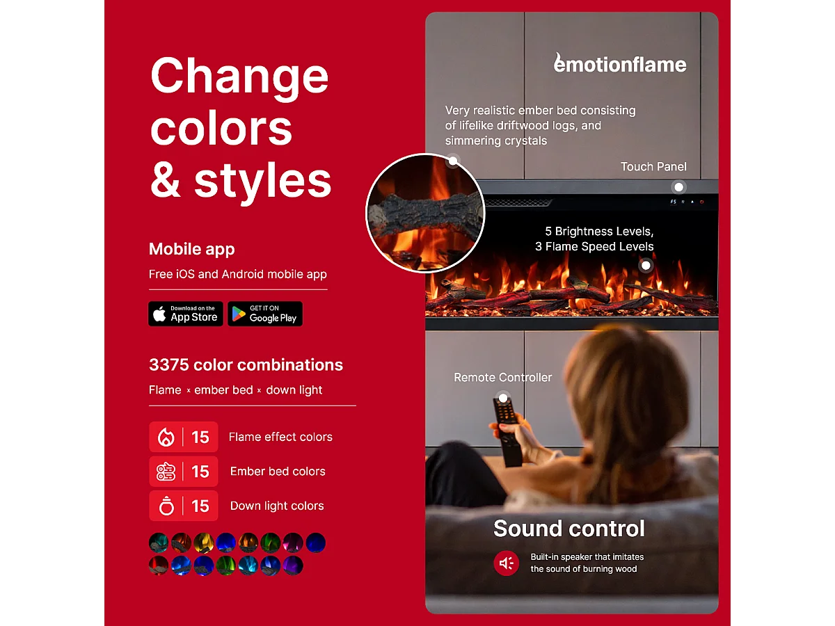 Cheminée électrique à 3 côtés UNITY 183 - feu premium, murale ou encastrable - 183x19x36 cm - cheminée LED - chauffage 900/1800 W