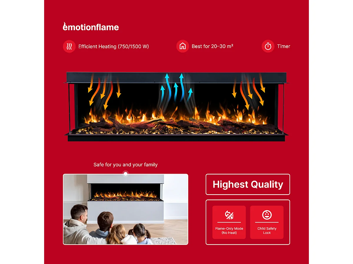 Cheminée électrique à 3 côtés SOLIS 150 - feu premium, encastrable - 150x30x46 cm - cheminée LED - chauffage 750/1500 W