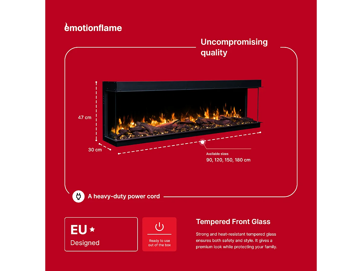 Driezijdige elektrische haard SOLIS 150 - premium vlam - voor inbouw - 150x30x46 cm - LED-haard met verwarming 750/1500 W