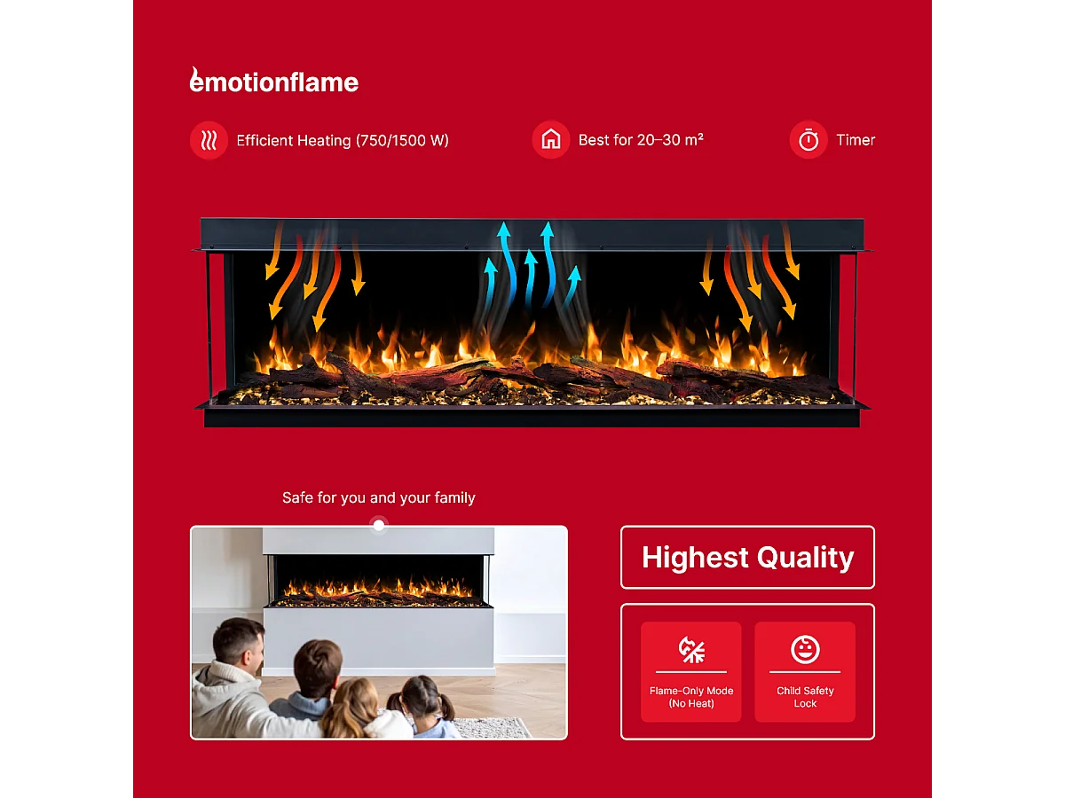 Driezijdige elektrische haard SOLIS 150 - premium vlam - voor inbouw - 150x30x46 cm - LED-haard met verwarming 750/1500 W