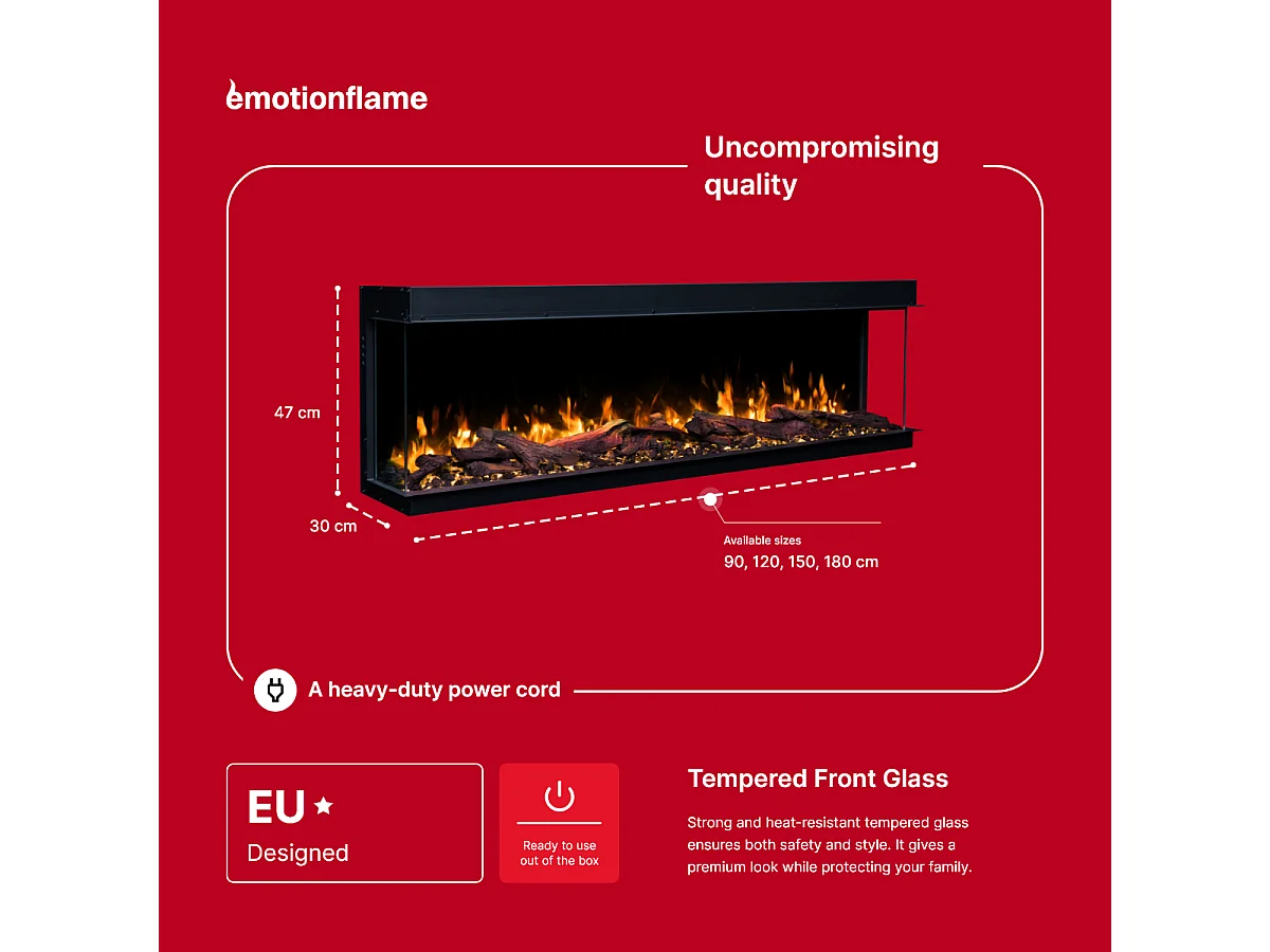 Cheminée électrique à 3 côtés SOLIS 120 - feu premium, encastrable - 120x30x46 cm - cheminée LED - chauffage 750/1500 W