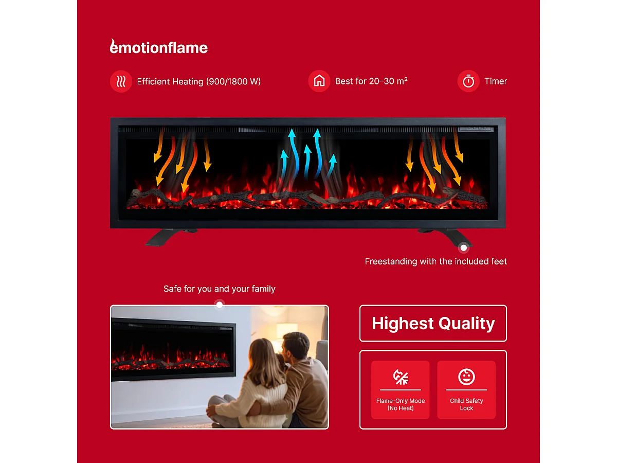 Elektrische haard REGAL 106 - premium vlam - voor wand en inbouw - 106x35x12 cm - LED-haard met verwarming 900/1800 W