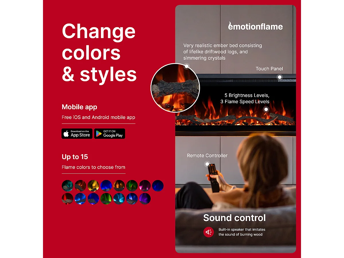 Cheminée électrique REGAL 106 - feu premium - murale et encastrable - 106x35x12 cm - cheminée LED décorative avec chauffage 900/1800 W