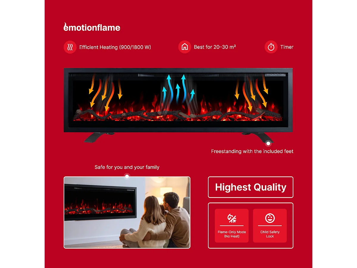 Kominek elektryczny REGAL 106 - ogień premium - na ścianę i do zabudowy - 106x35x12 cm - kominek LED z grzaniem 900/1800 W