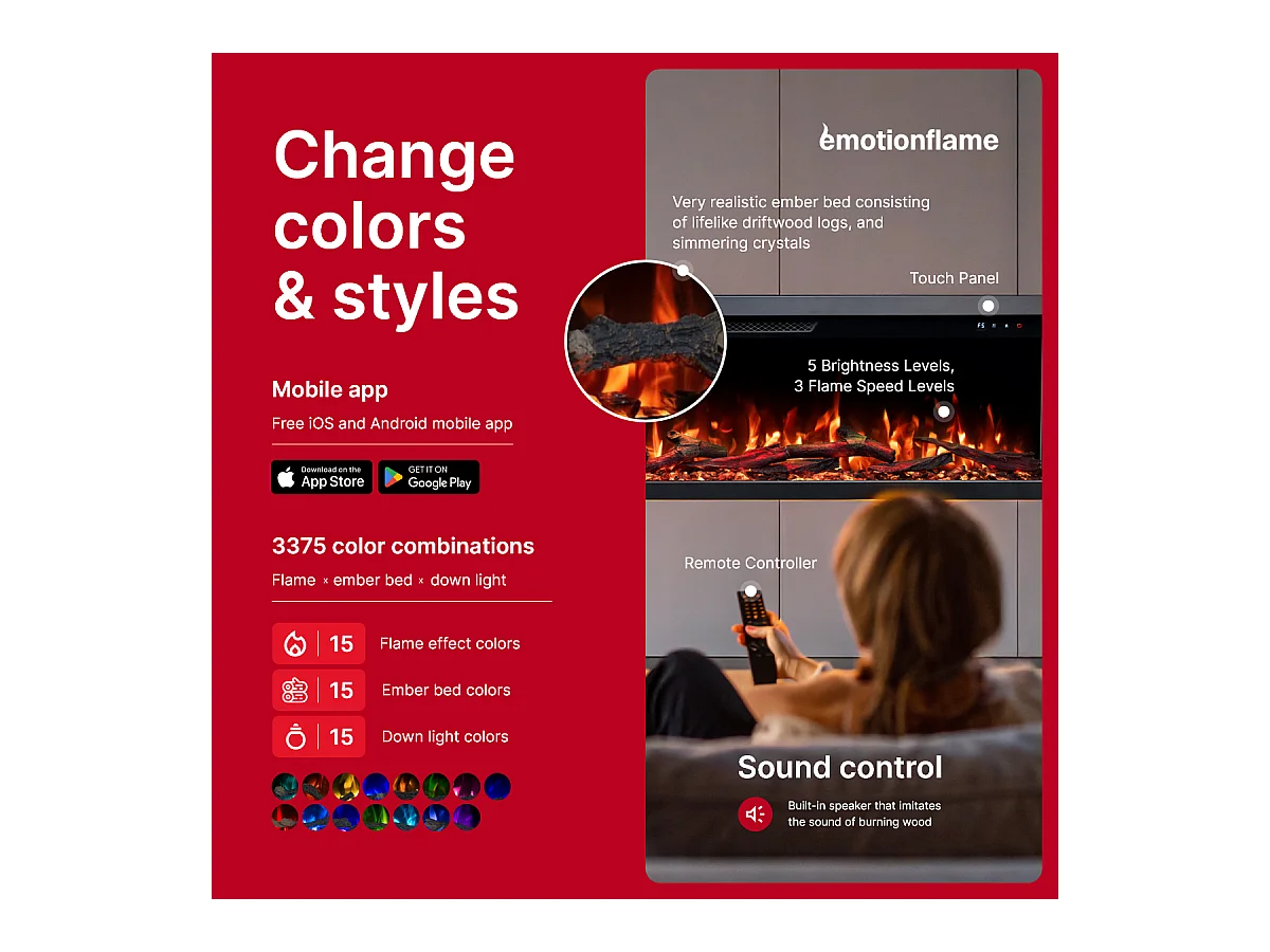 Driezijdige elektrische haard UNITY 127 - premium vlam - voor wand en inbouw - 127x19x36 cm - LED-haard met verwarming 900/1800 W