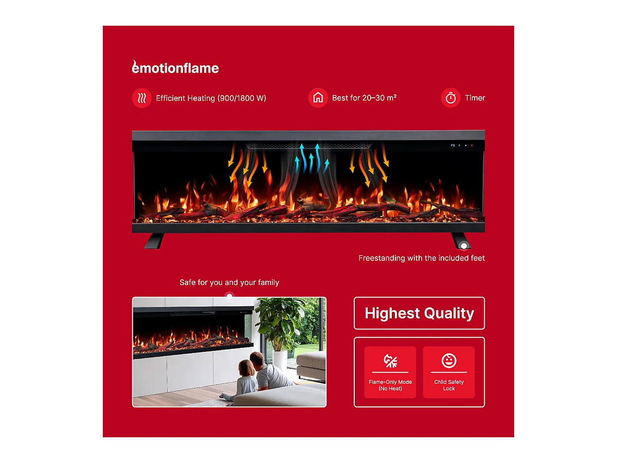 Driezijdige elektrische haard UNITY 127 - premium vlam - voor wand en inbouw - 127x19x36 cm - LED-haard met verwarming 900/1800 W