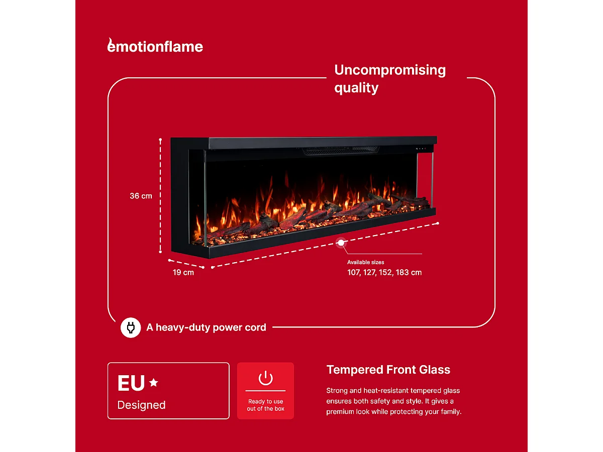 Cheminée électrique à 3 côtés UNITY 127 - feu premium, murale ou encastrable - 127x19x36 cm - cheminée LED - chauffage 900/1800 W