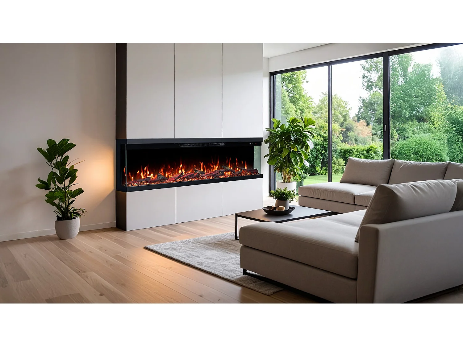 Trójstronny kominek elektryczny UNITY 127 - ogień premium, na ścianę i do zabudowy - 127x19x36 cm - kominek LED z grzaniem 900/1800W