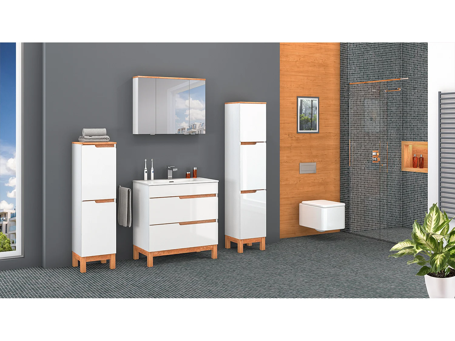 Wit badkamermeubelset 60 cm Kast met wastafel Mopstandaard Spek
