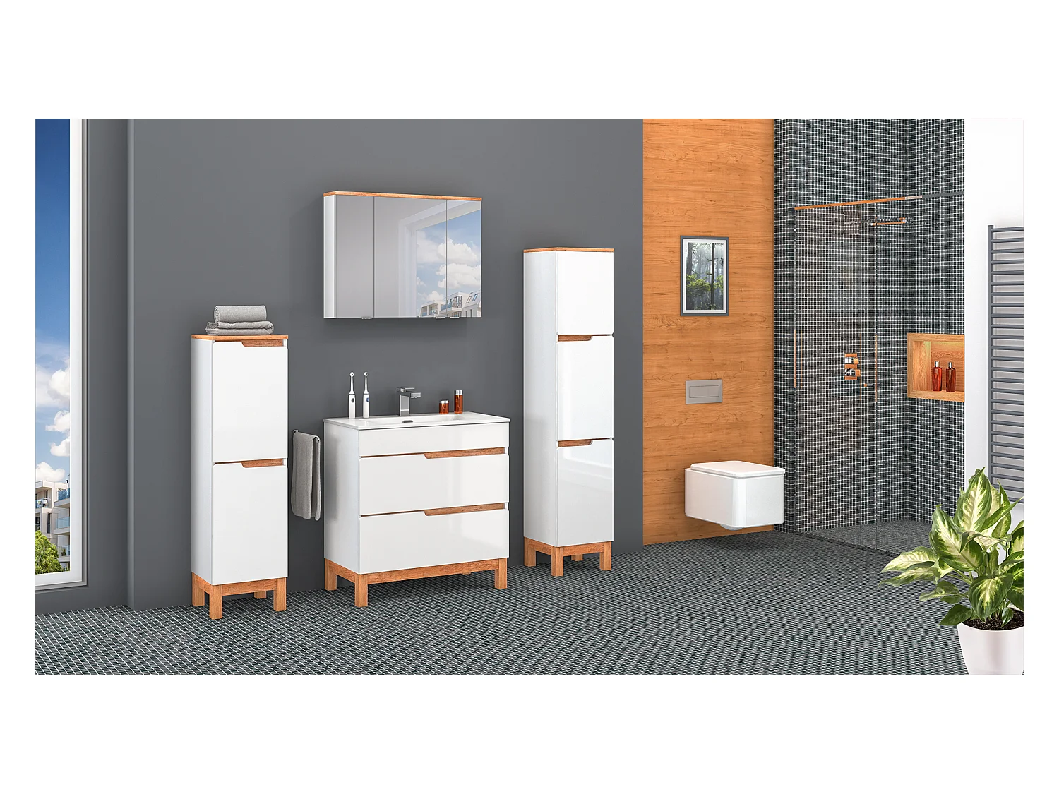 Weißes Badezimmermöbel-Set 80 cm Waschbeckenunterschrank Spiegelschrank Spek