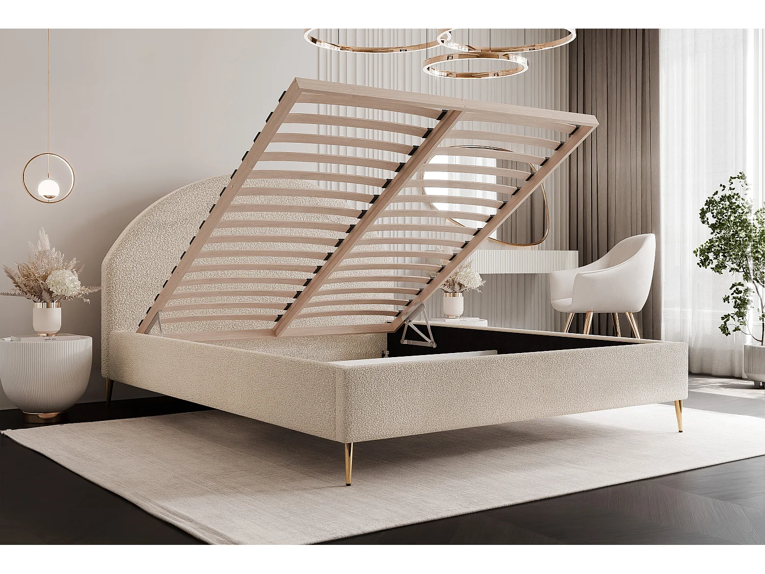 BESILIO Łóżko tapicerowane Boucle 160x200 Velora II - stelaż listwowy, wezgłowie, pojemnik, łóżko slim, wysokie złote nogi - Szary