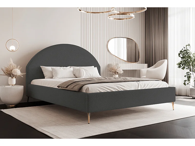 BESILIO Lit tapissé Boucle 160x200 Velora II – sommier à lattes, tête de lit, coffre de rangement, lit fin, pieds hauts dorés – Gris