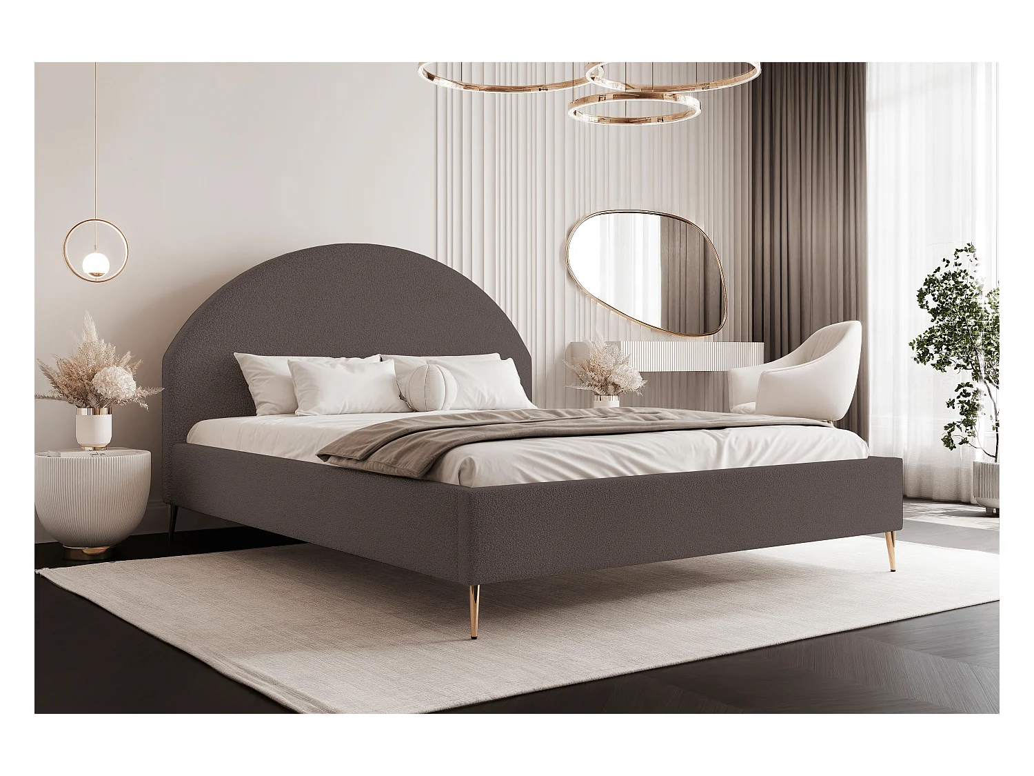 BESILIO Łóżko tapicerowane Boucle 180x200 Velora II - stelaż listwowy, wezgłowie, pojemnik, łóżko slim, wysokie złote nogi - Brązowy