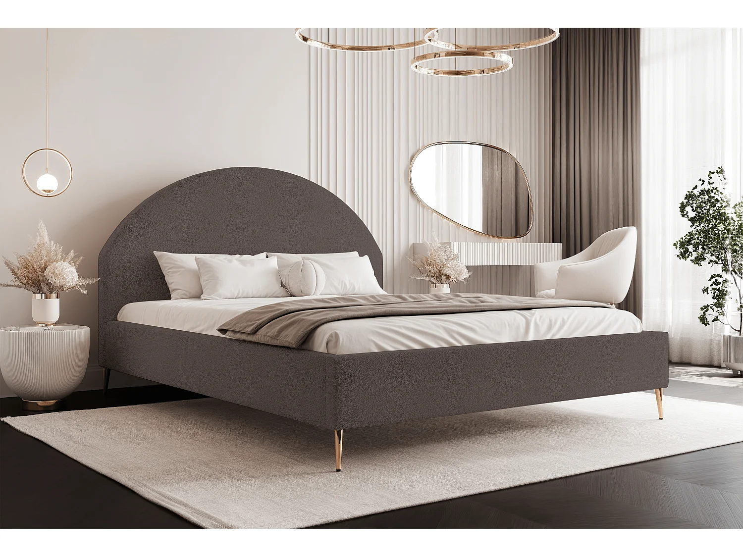 BESILIO Łóżko tapicerowane Boucle 180x200 Velora II - stelaż listwowy, wezgłowie, pojemnik, łóżko slim, wysokie złote nogi - Brązowy