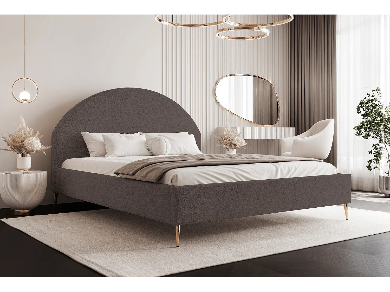 BESILIO Lit tapissé Boucle 180x200 Velora II – sommier à lattes, tête de lit, coffre de rangement, lit fin, pieds hauts dorés – Marron