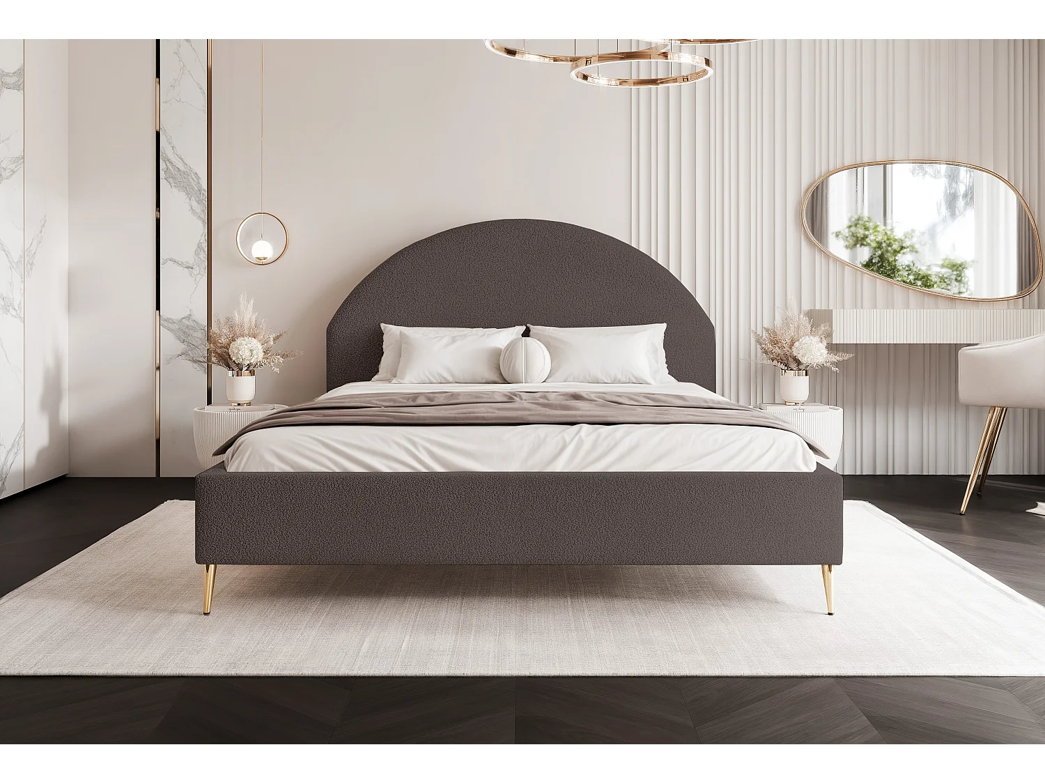 BESILIO Lit tapissé Boucle 180x200 Velora II – sommier à lattes, tête de lit, coffre de rangement, lit fin, pieds hauts dorés – Marron