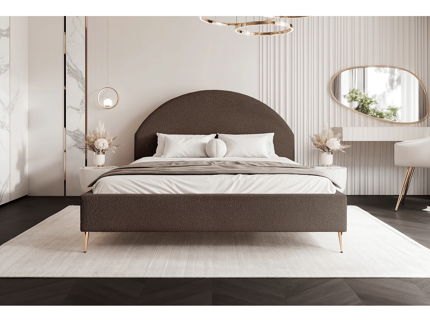 BESILIO Łóżko tapicerowane Boucle 180x200 Velora II - stelaż listwowy, wezgłowie, pojemnik, łóżko slim, wysokie złote nogi - Brązowy