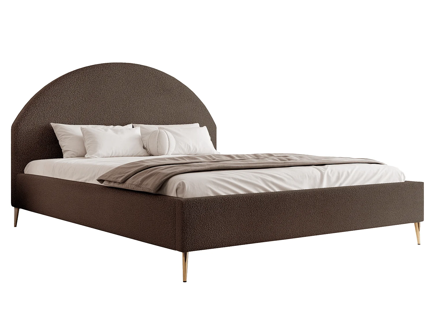 BESILIO Łóżko tapicerowane Boucle 180x200 Velora II - stelaż listwowy, wezgłowie, pojemnik, łóżko slim, wysokie złote nogi - Brązowy