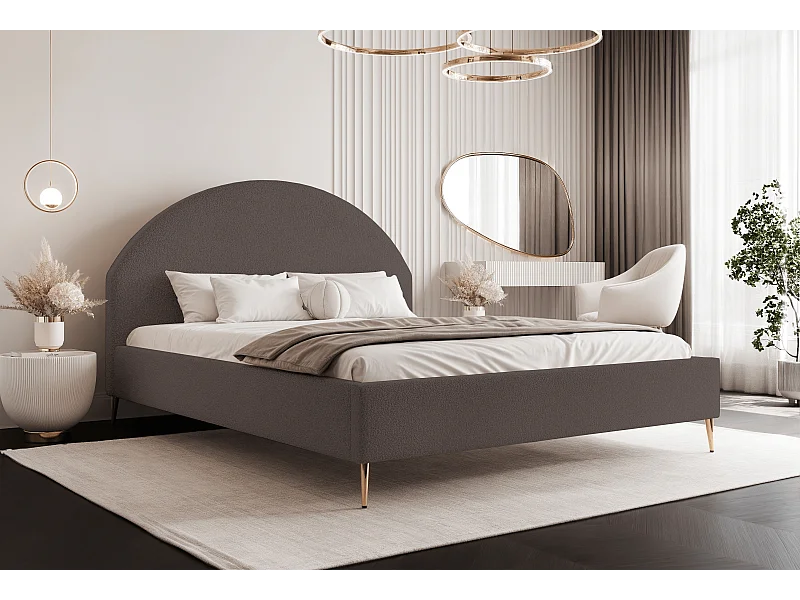 BESILIO Lit tapissé Boucle 180x200 Velora II – sommier à lattes, tête de lit, coffre de rangement, lit fin, pieds hauts dorés – Marron