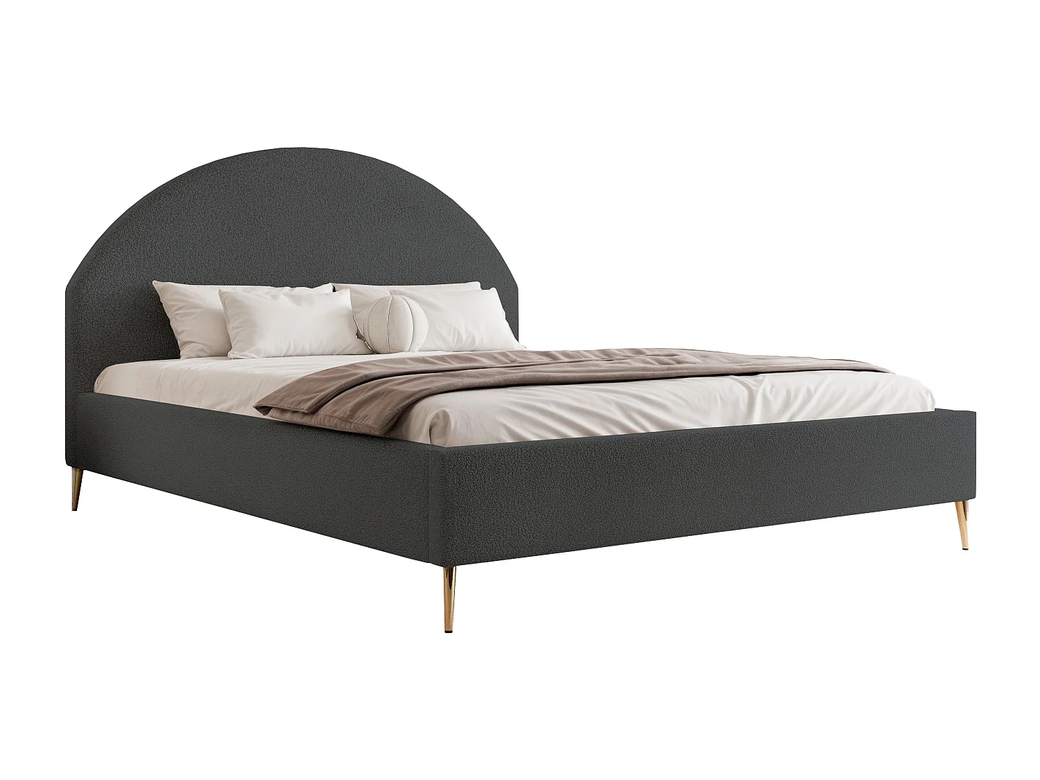 BESILIO Lit tapissé Boucle 200x200 Velora II – sommier à lattes, tête de lit, coffre de rangement, lit fin, pieds hauts dorés – Gris