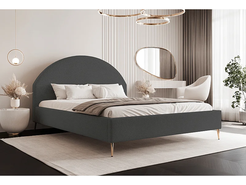 BESILIO Lit tapissé Boucle 200x200 Velora II – sommier à lattes, tête de lit, coffre de rangement, lit fin, pieds hauts dorés – Gris