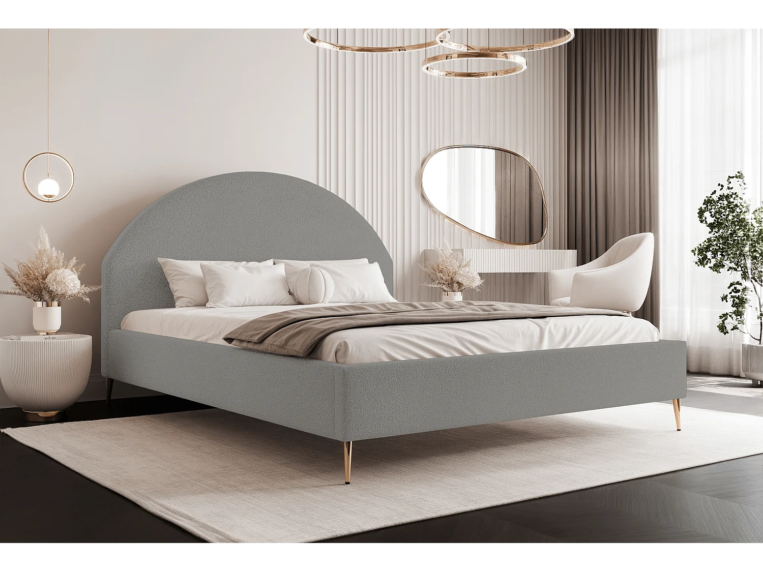 BESILIO Lit tapissé Boucle 200x200 Velora II – sommier à lattes, tête de lit, coffre de rangement, lit fin, pieds hauts dorés – Gris clair