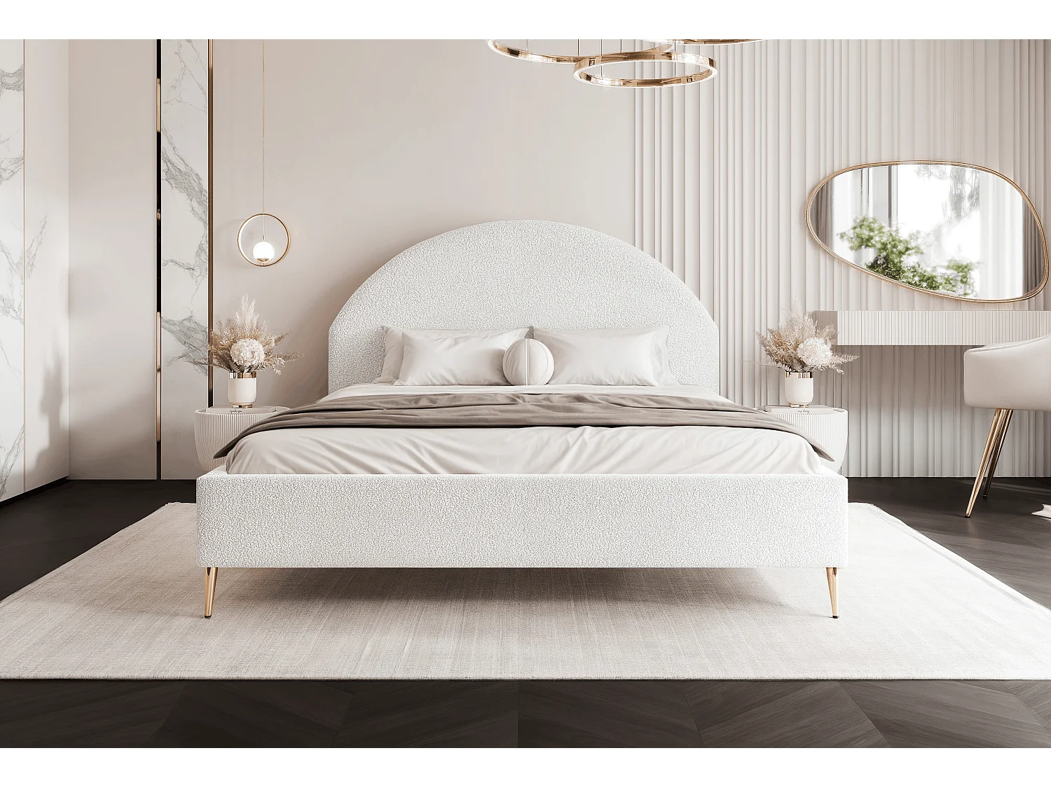 BESILIO Łóżko tapicerowane Boucle 160x200 Velora II - stelaż listwowy, wezgłowie, pojemnik, łóżko slim, wysokie złote nogi - Biały