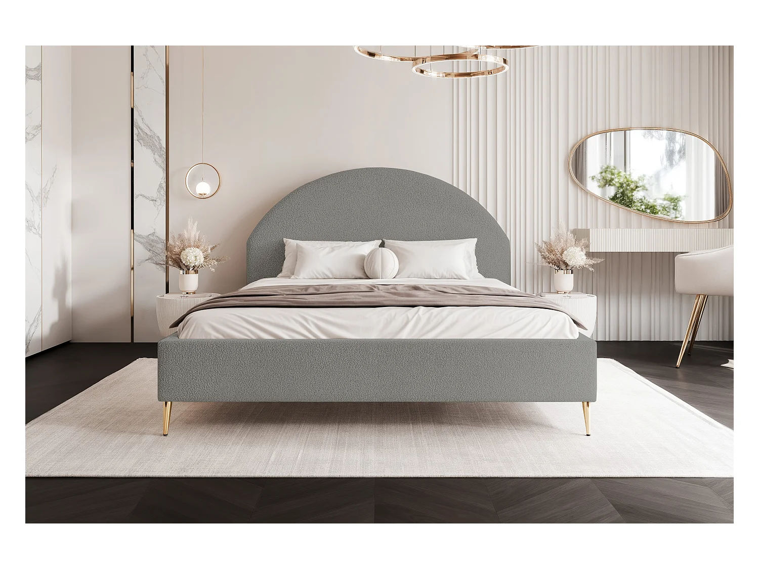 BESILIO Łóżko tapicerowane Boucle 180x200 Velora II - stelaż listwowy, wezgłowie, pojemnik, łóżko slim, wysokie złote nogi - Jasnoszary