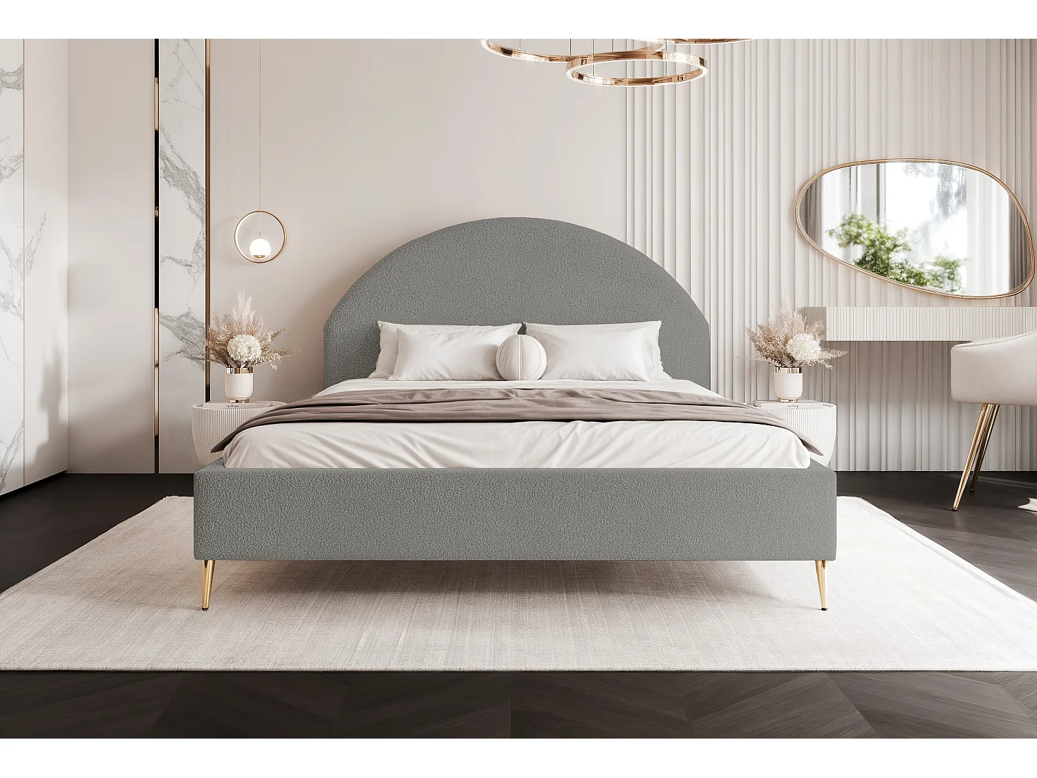 BESILIO Łóżko tapicerowane Boucle 180x200 Velora II - stelaż listwowy, wezgłowie, pojemnik, łóżko slim, wysokie złote nogi - Jasnoszary