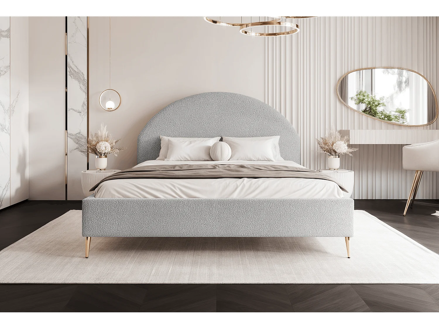 BESILIO Łóżko tapicerowane Boucle 180x200 Velora II - stelaż listwowy, wezgłowie, pojemnik, łóżko slim, wysokie złote nogi - Jasnoszary