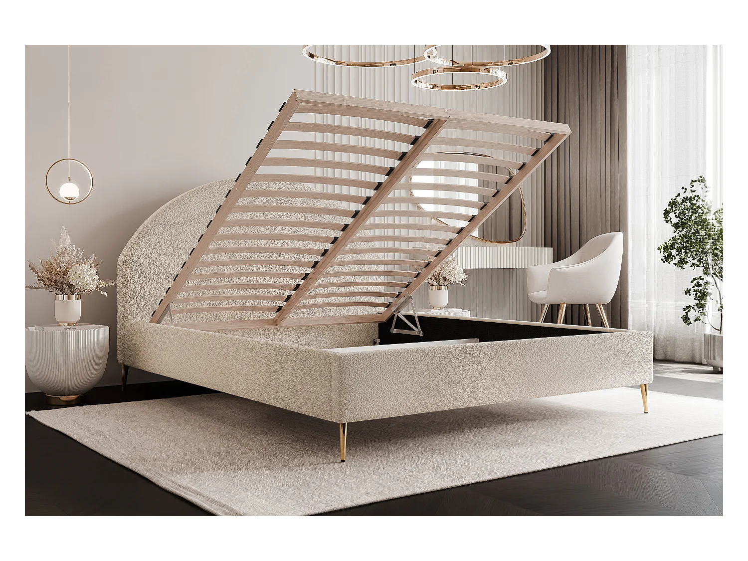 BESILIO Łóżko tapicerowane Boucle 180x200 Velora II - stelaż listwowy, wezgłowie, pojemnik, łóżko slim, wysokie złote nogi - Szary