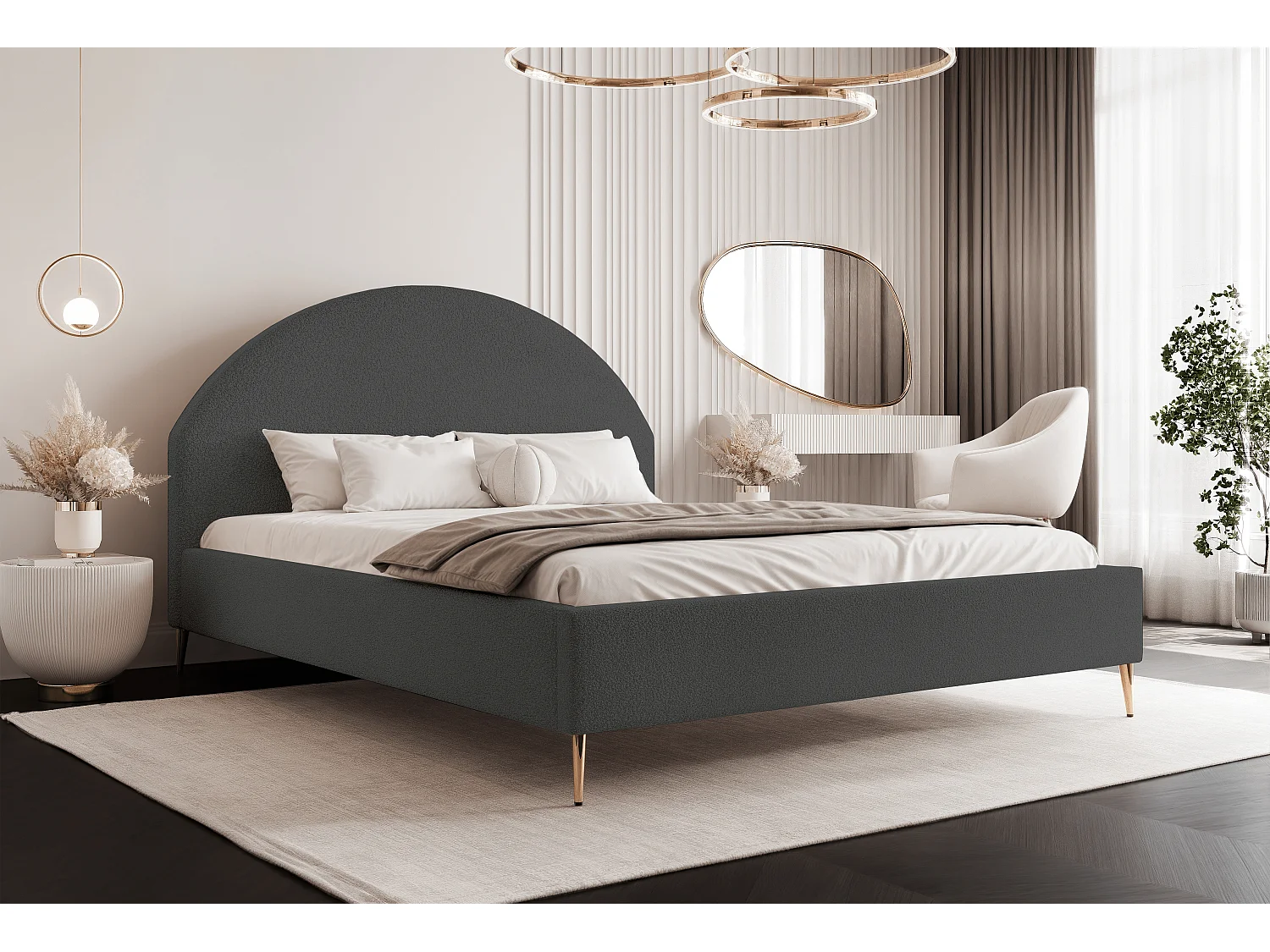 BESILIO Łóżko tapicerowane Boucle 180x200 Velora II - stelaż listwowy, wezgłowie, pojemnik, łóżko slim, wysokie złote nogi - Szary