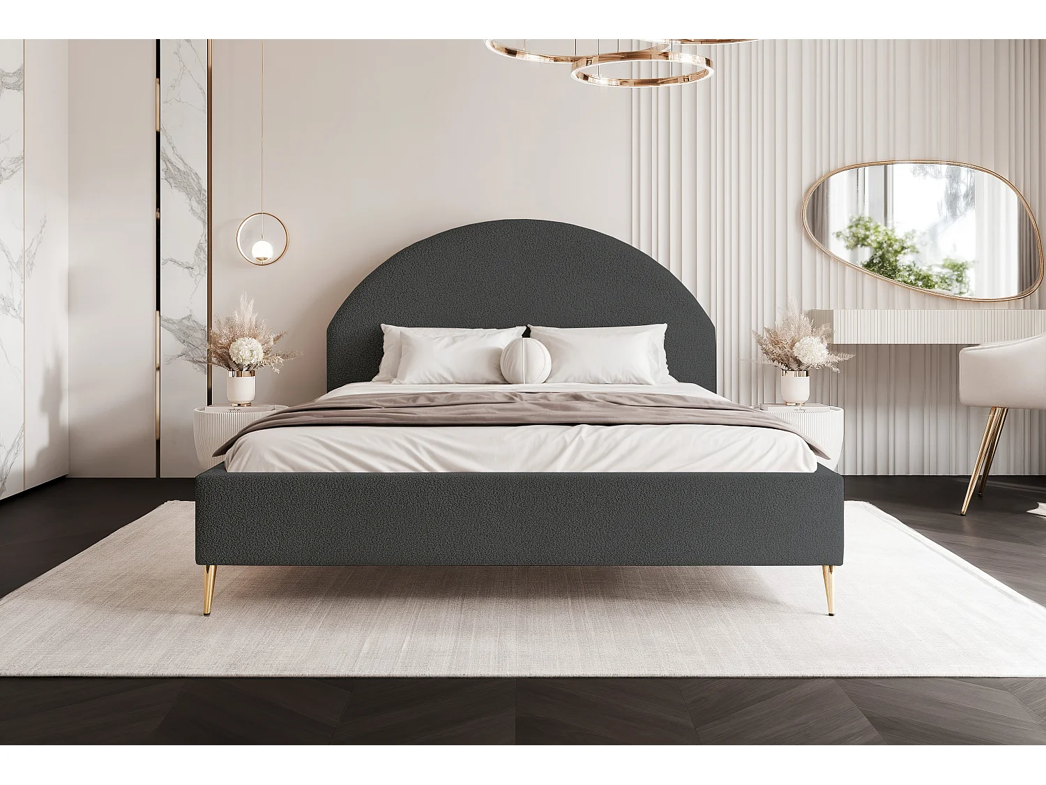 BESILIO Łóżko tapicerowane Boucle 180x200 Velora II - stelaż listwowy, wezgłowie, pojemnik, łóżko slim, wysokie złote nogi - Szary