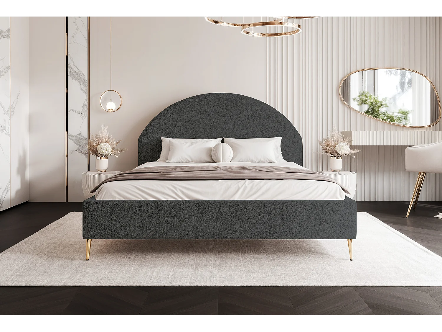 BESILIO Lit tapissé Boucle 180x200 Velora II – sommier à lattes, tête de lit, coffre de rangement, lit fin, pieds hauts dorés – Gris