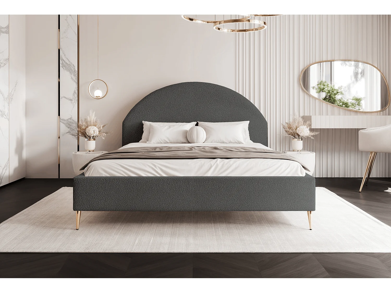 BESILIO Lit tapissé Boucle 180x200 Velora II – sommier à lattes, tête de lit, coffre de rangement, lit fin, pieds hauts dorés – Gris