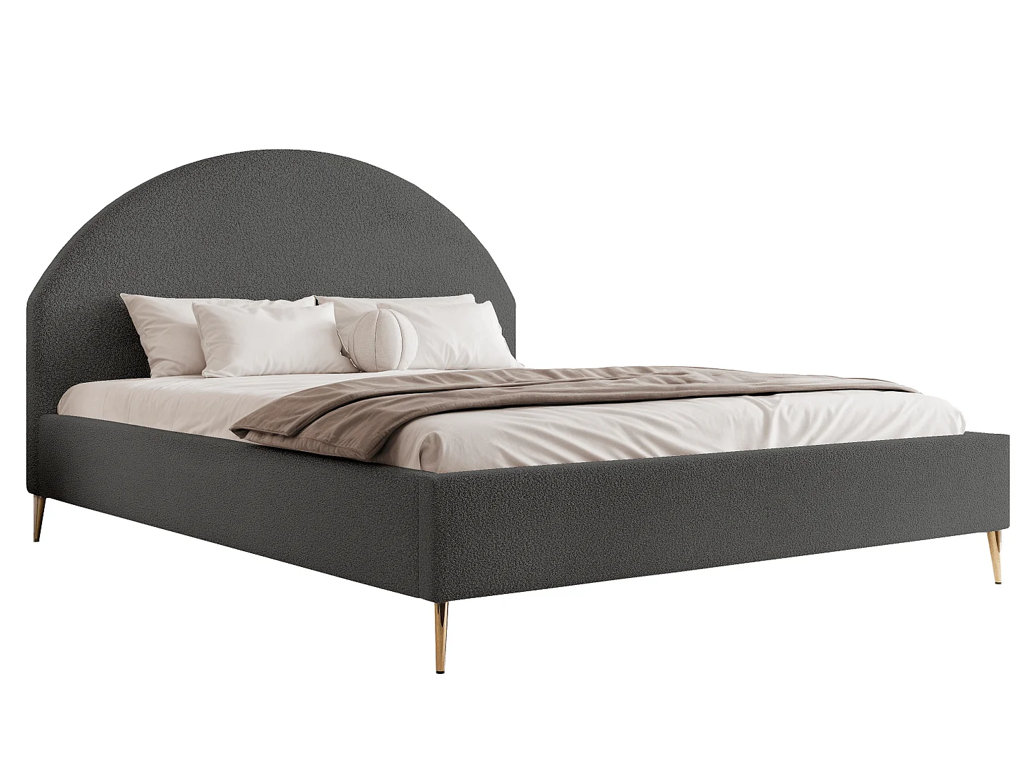 BESILIO Lit tapissé Boucle 180x200 Velora II – sommier à lattes, tête de lit, coffre de rangement, lit fin, pieds hauts dorés – Gris