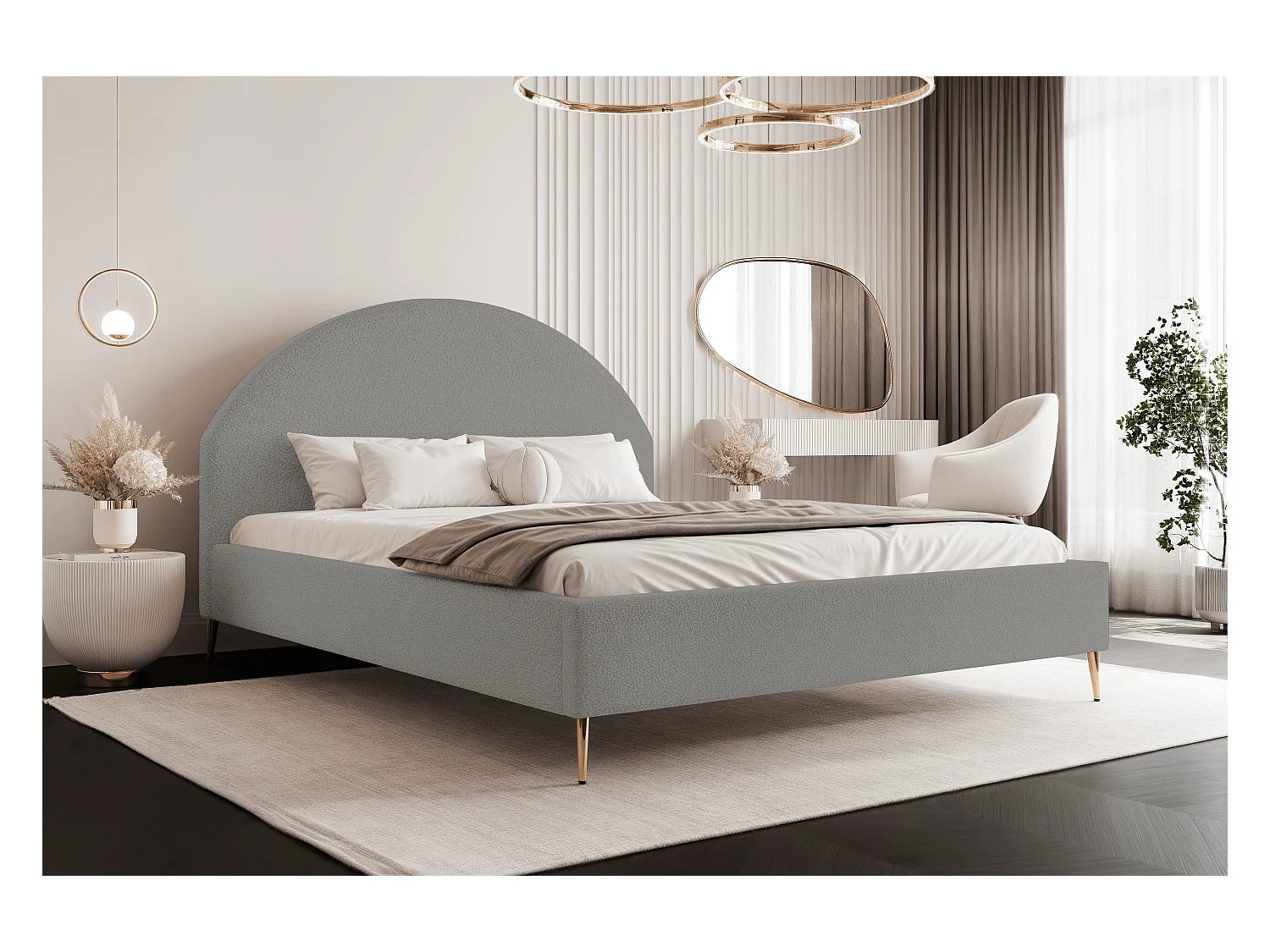 BESILIO Łóżko tapicerowane Boucle 140x200 Velora II - stelaż listwowy, wezgłowie, pojemnik, łóżko slim, wysokie złote nogi - Jasnoszary