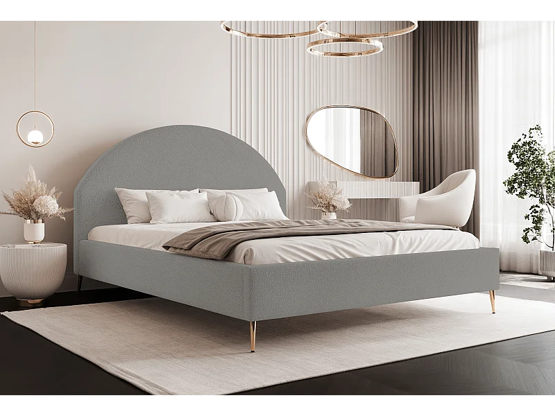 BESILIO Lit tapissé Boucle 140x200 Velora II – sommier à lattes, tête de lit, coffre de rangement, lit fin, pieds hauts dorés – Gris clair