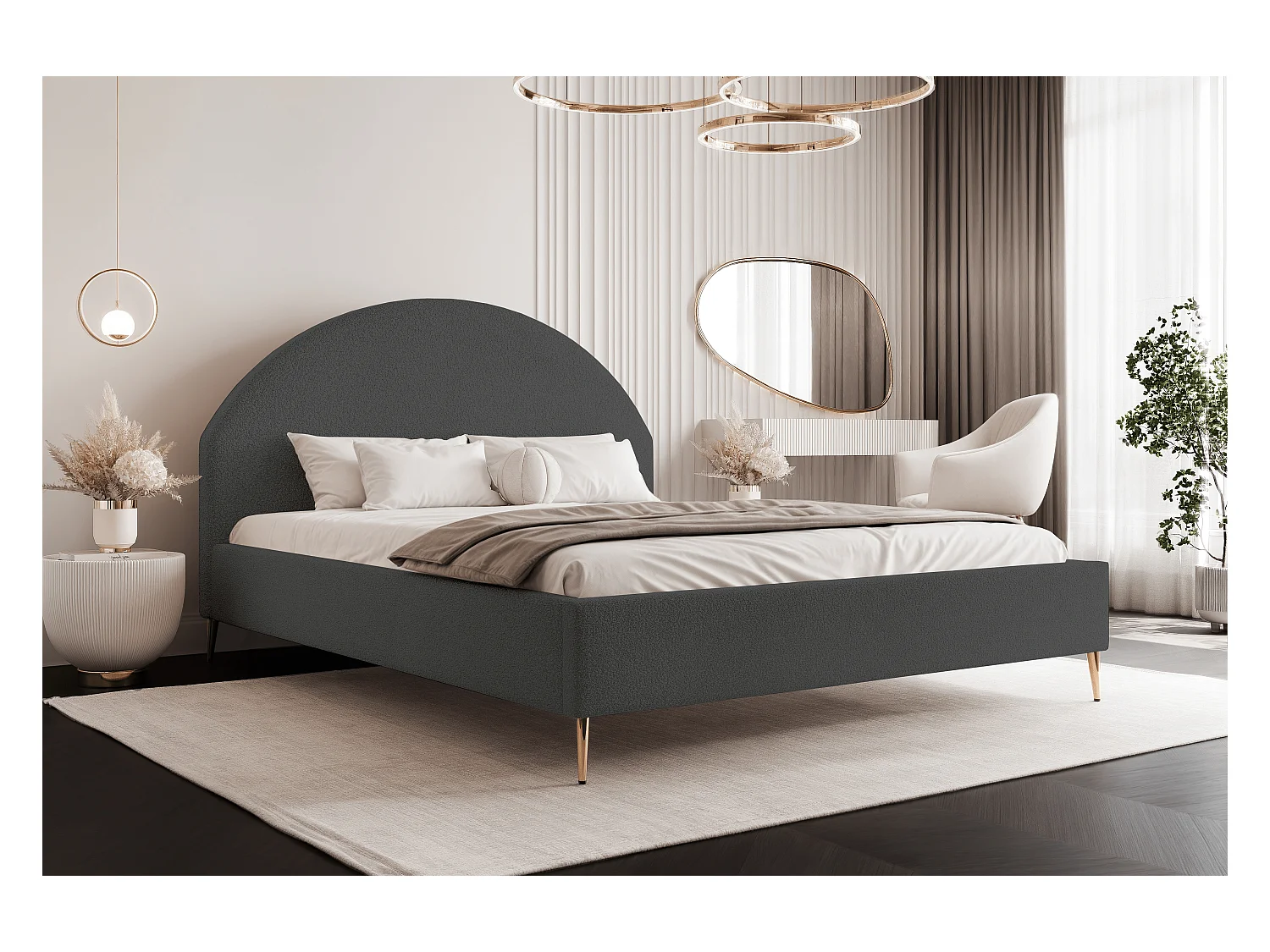 BESILIO Łóżko tapicerowane Boucle 140x200 Velora II - stelaż listwowy, wezgłowie, pojemnik, łóżko slim, wysokie złote nogi - Szary