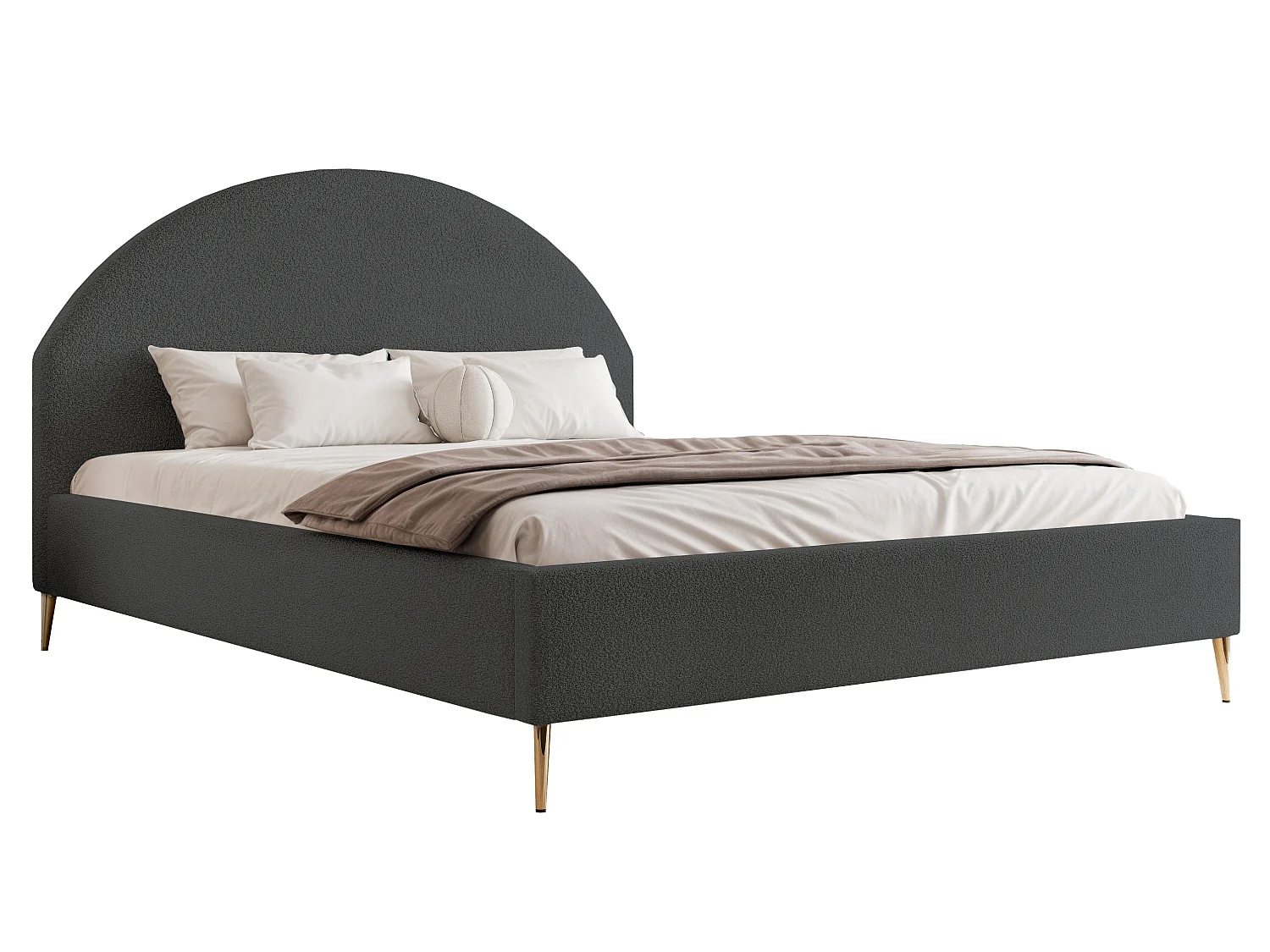 BESILIO Łóżko tapicerowane Boucle 140x200 Velora II - stelaż listwowy, wezgłowie, pojemnik, łóżko slim, wysokie złote nogi - Szary